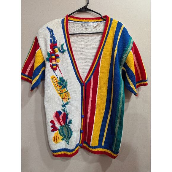 Vintage cotton ramie blend cable knit short sleeve button sweater by f.l.malik,M - Picture 1 of 6